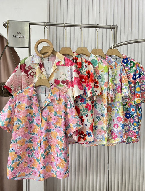 Spring Floral Half Sleeves Collar Down Shirts